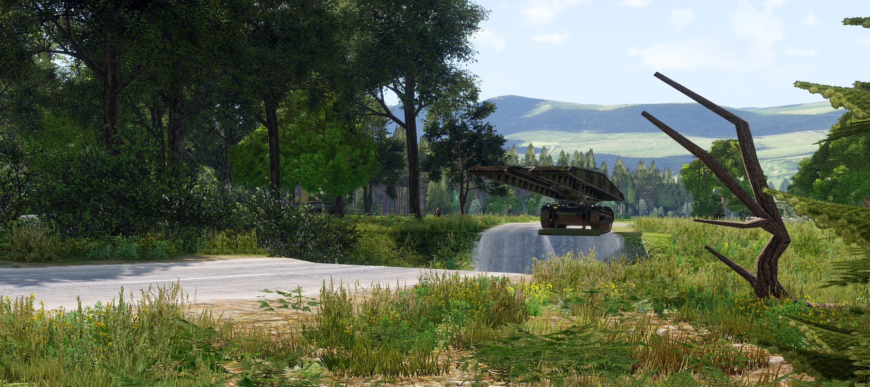 Screenshot from Operation Homeland Cartridge (2026-03-06) - Gruppe Olsen goes to do engineering under fire - bridging a bomb crater to allow the Belgians past, then digging in Polish tanks.